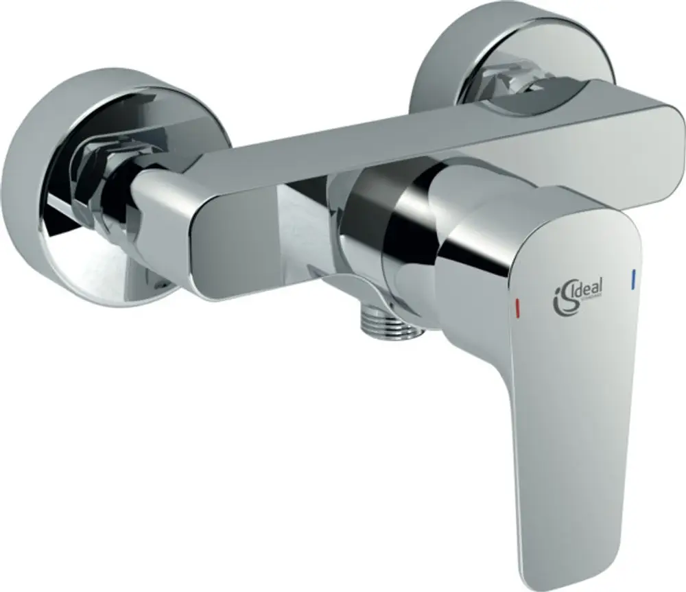 Chromene Brausearmatur von Ideal Standard mit einem Hebelgriff zur Temperaturregelung und zwei Anschlüssen für Wasserleitungen.